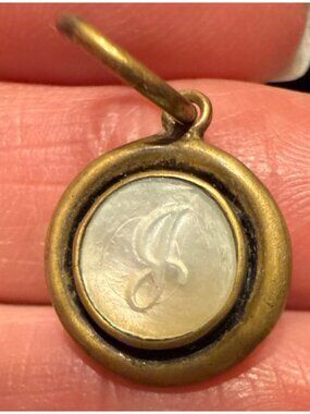 Waxing Poetic antique brass mother of pearl charm with script letter J